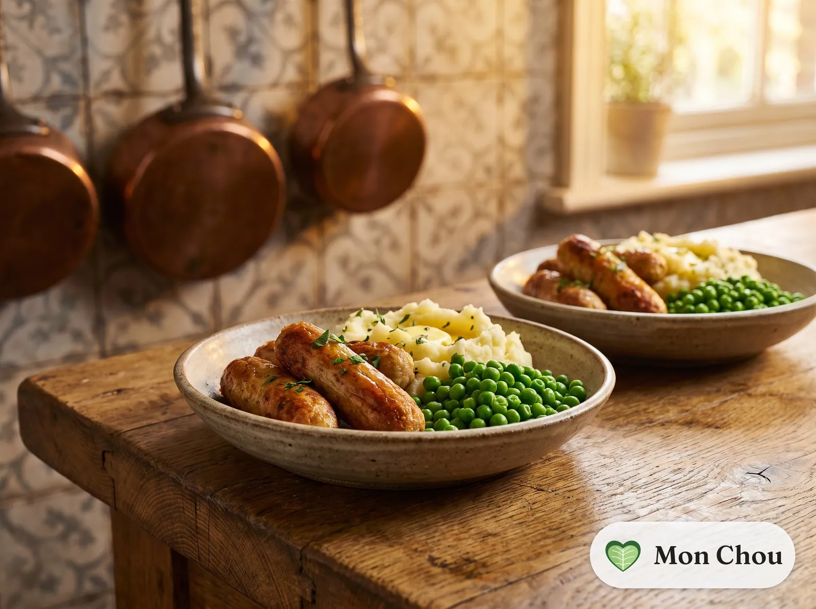 Glamorgan sausages, purée et petits pois