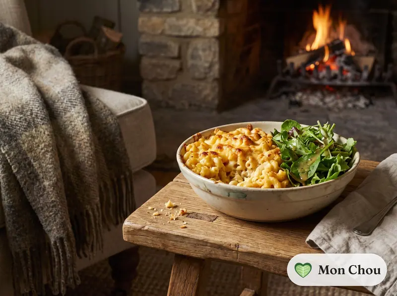 Macaroni cheese et salade verte