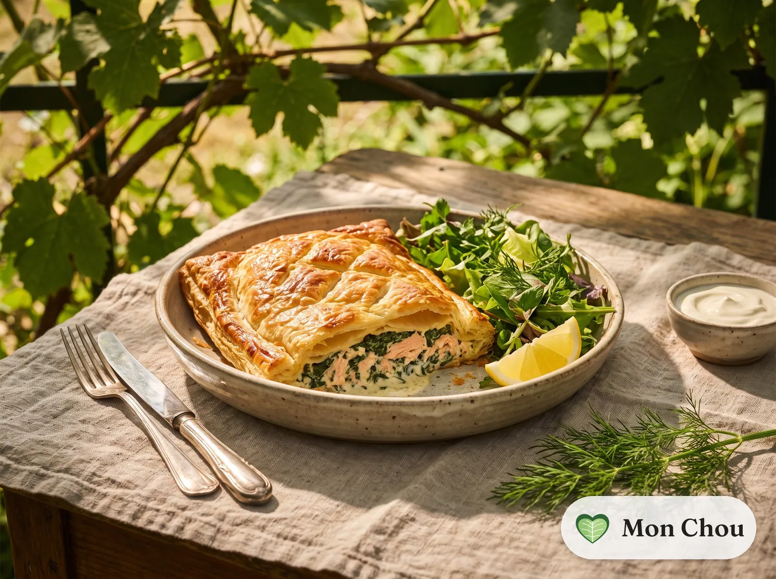 Salmon en croûte with spinach and salad