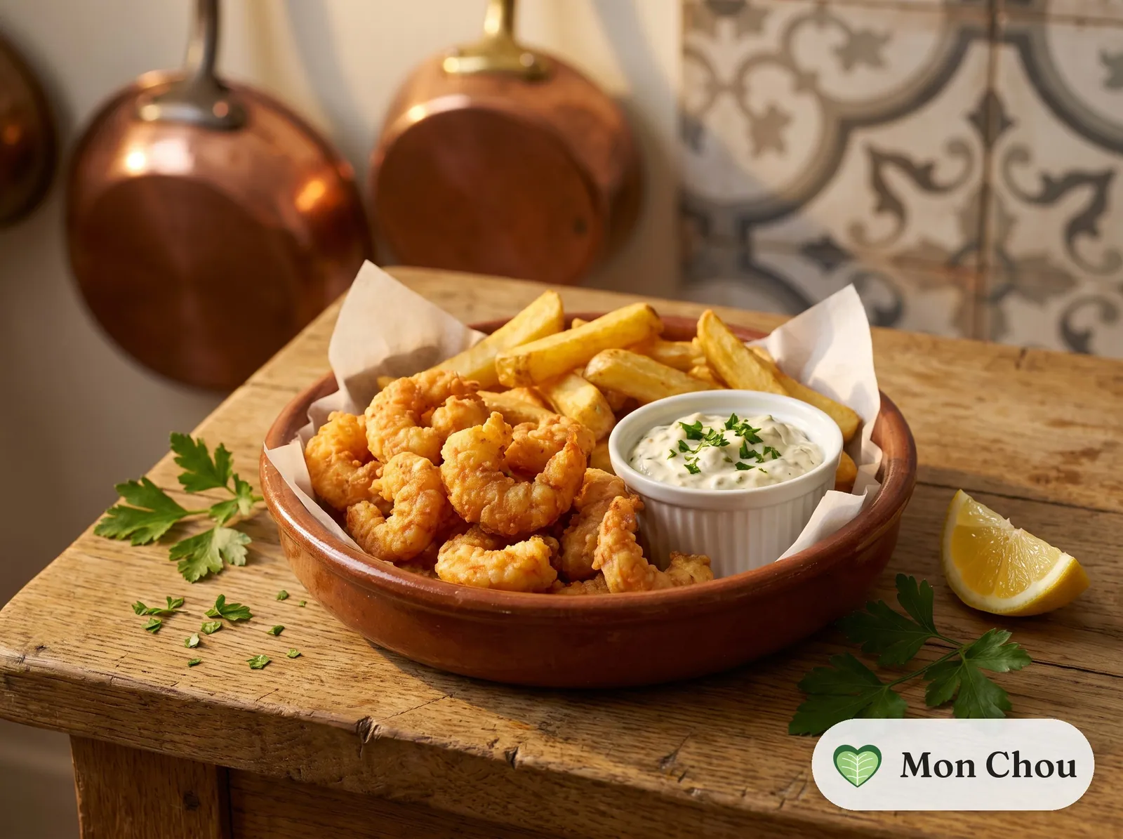 Scampi frits, frites et sauce tartare