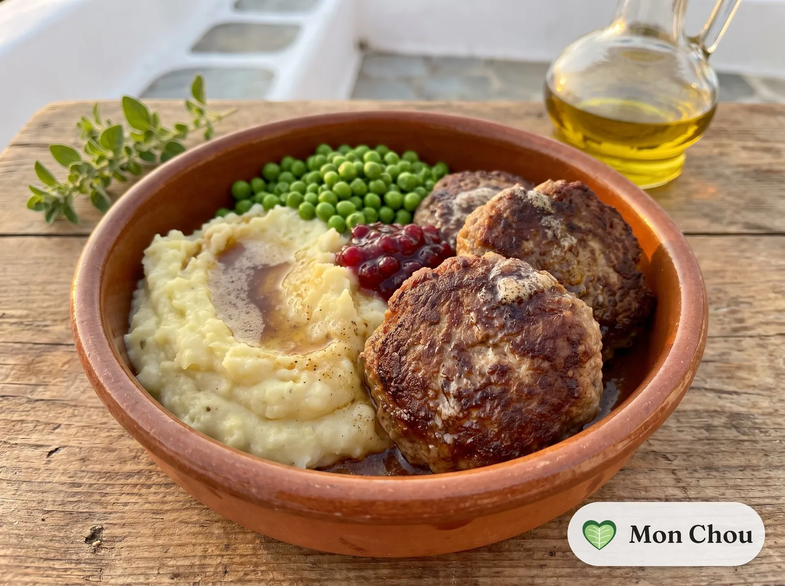 Wallenbergare with mashed potatoes and peas