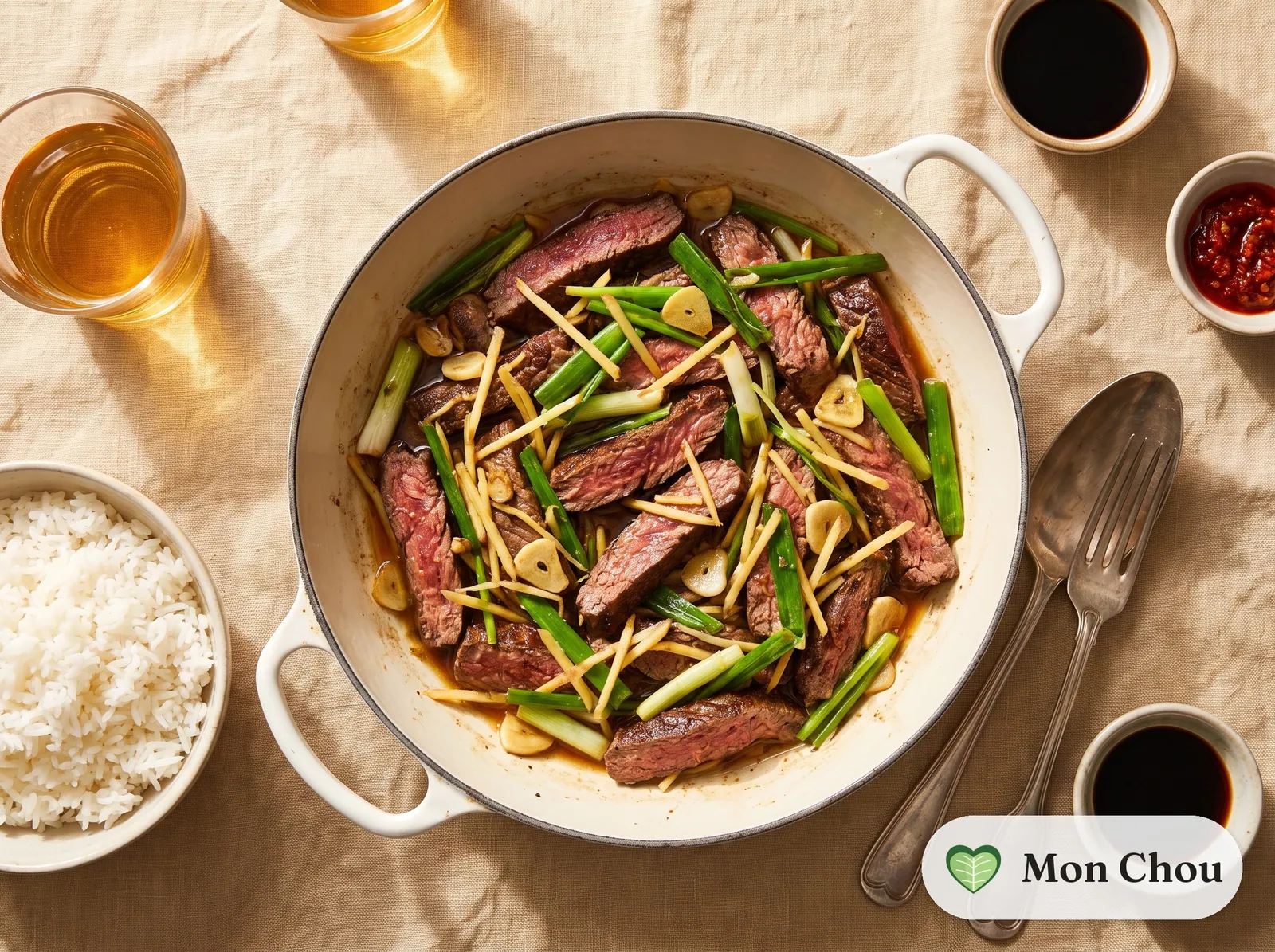 Ginger beef with scallions and rice