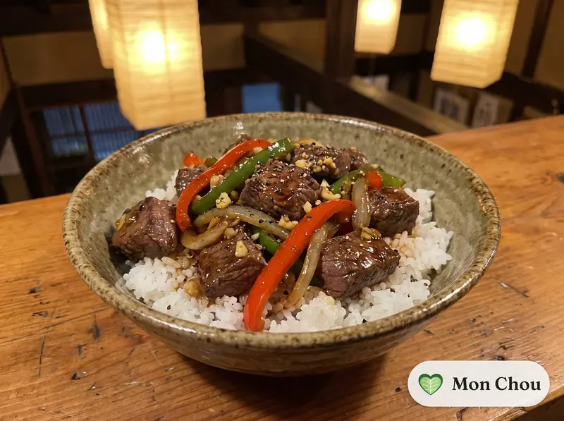 Bœuf sauté au poivre noir et riz