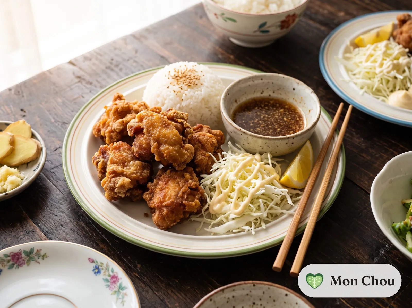 Karaage, riz et salade de chou