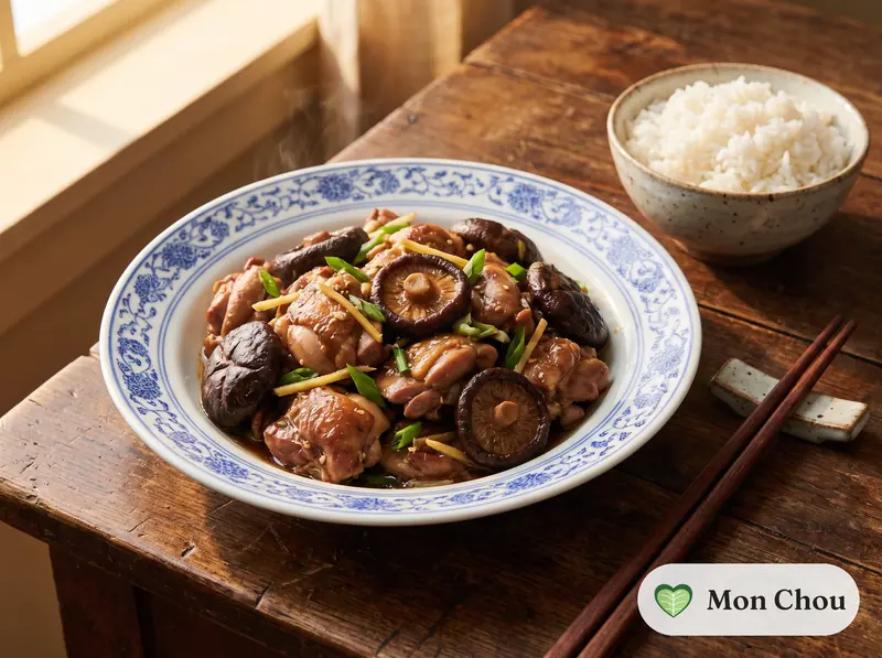 Poulet vapeur aux champignons parfumés et riz