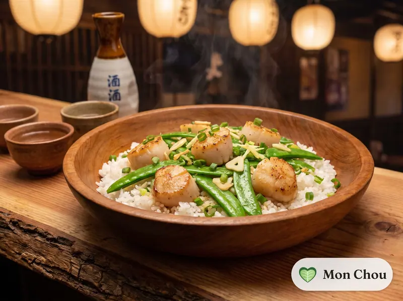 Saint-Jacques sautées aux pois gourmands et riz