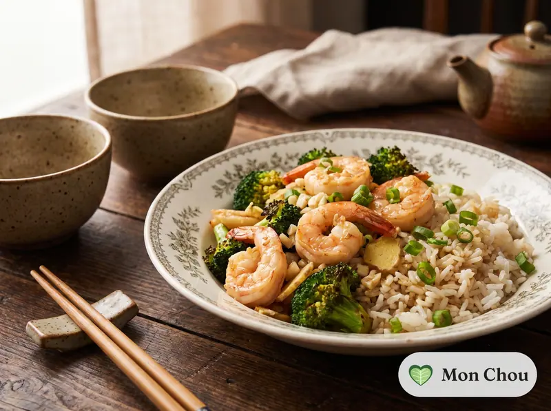 Crevettes et brocoli sautés à l&rsquo;ail et riz