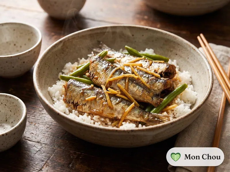 Sardines mijotées au gingembre et riz