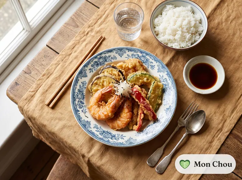 Tempura de crevettes et légumes, riz