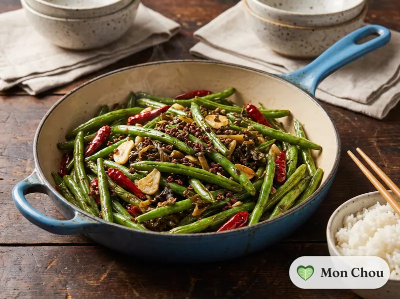 Haricots verts sautés du Sichuan et riz