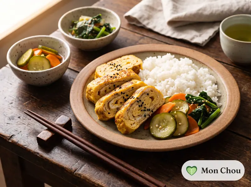 Tamagoyaki with rice and pickled vegetables