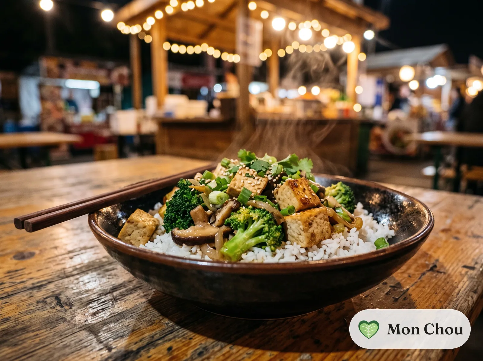 Tofu sauté au brocoli et shiitakés et riz