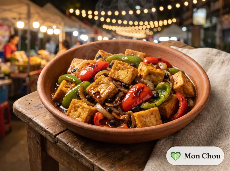 Tofu frit aux haricots noirs et poivrons