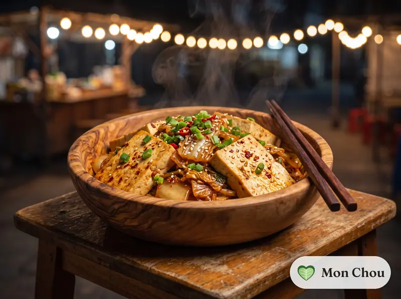 Gebratener Kimchi mit Tofu und Reis