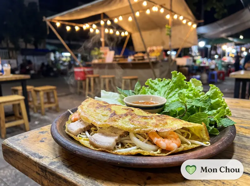 Vietnamesische Bánh xèo mit Schwein und Garnelen