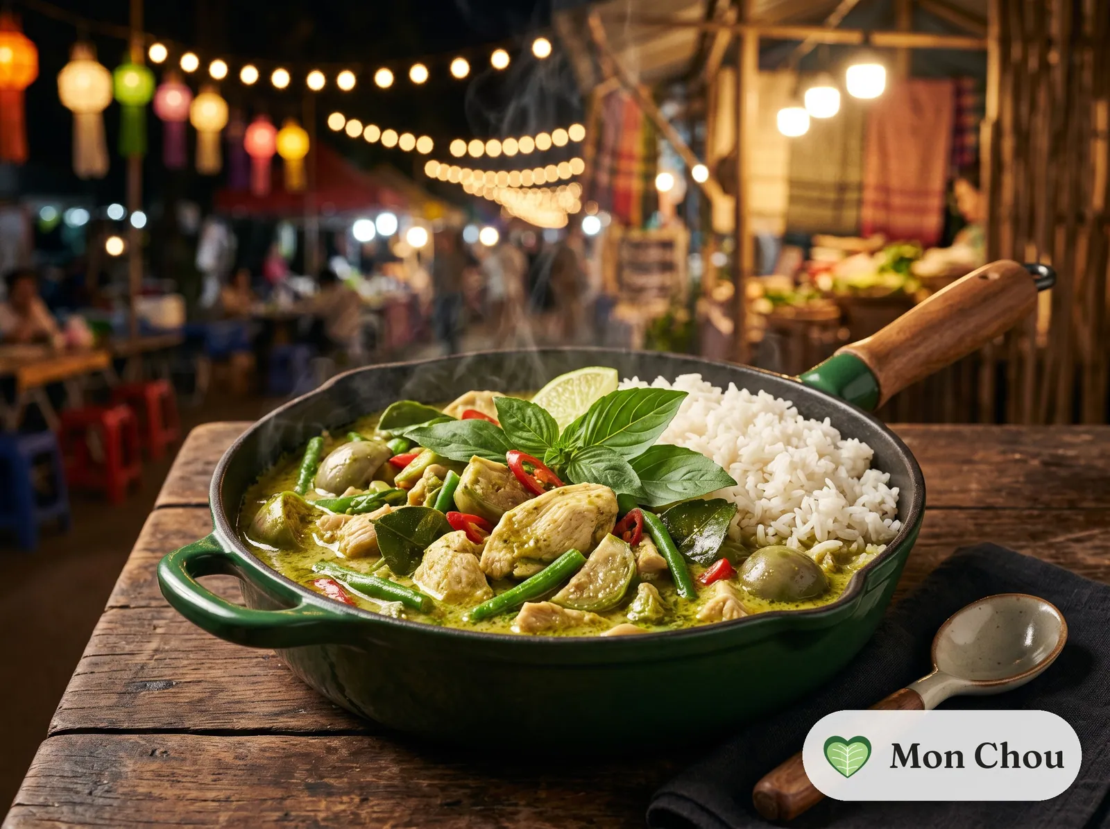 Curry vert au poulet et riz thaï
