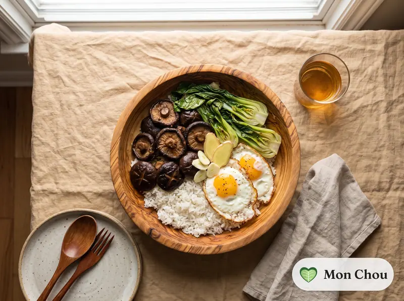 Shiitakés braisés et bok choy et riz