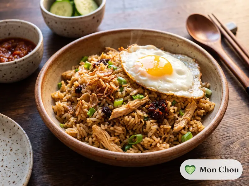 Nasi goreng au poulet et œuf frit