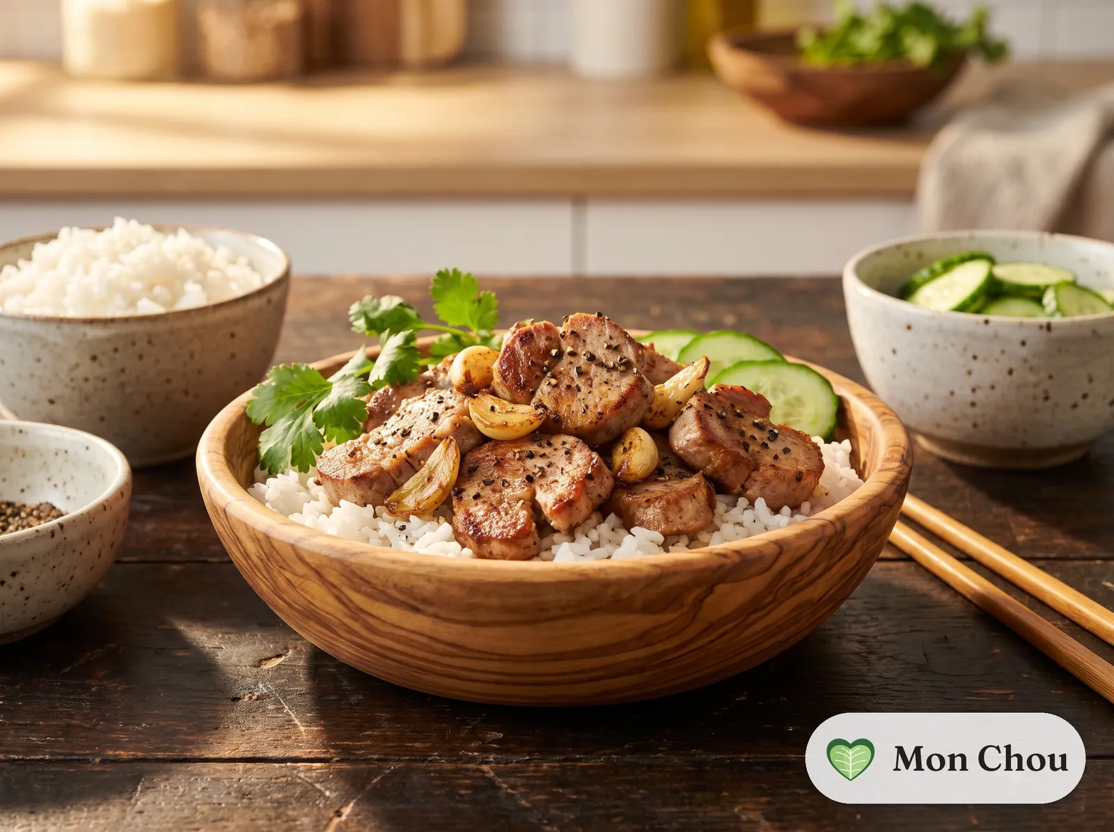 Thailändisches Knoblauch Pfeffer Schweinefleisch mit Jasminreis