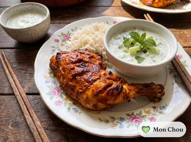 Poulet tandoori, riz et raïta
