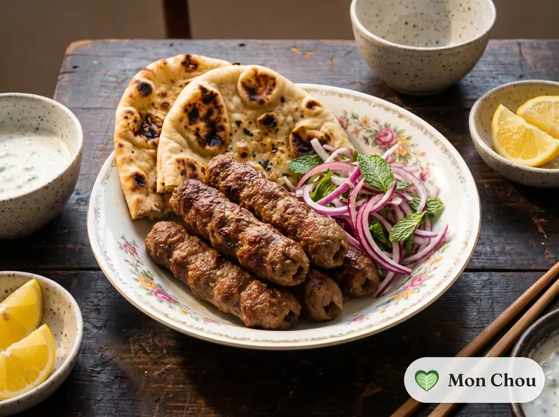 Seekh kebabs, naan et salade d&rsquo;oignons