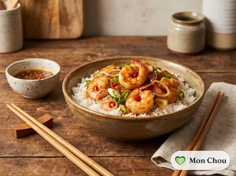 Crevettes caramélisées et riz