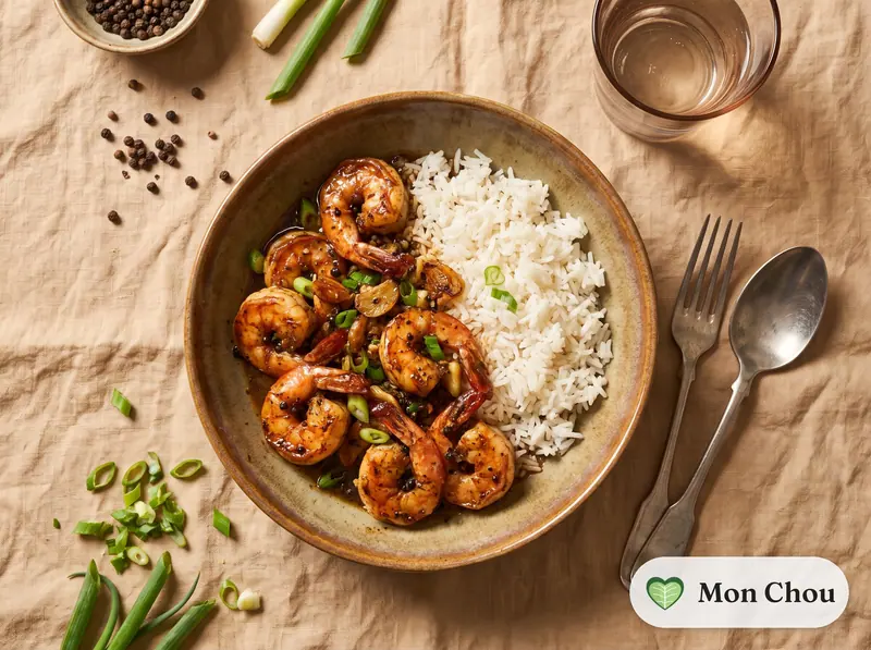 Crevettes au poivre de Kampot et riz