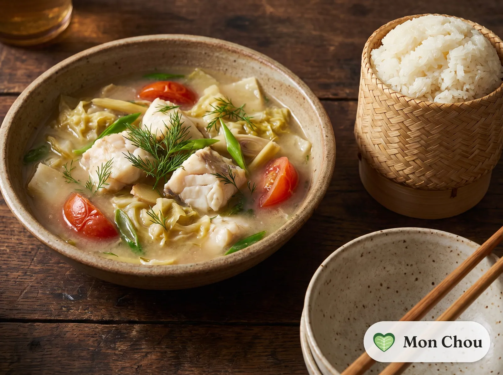 Tom pa fish soup with sticky rice