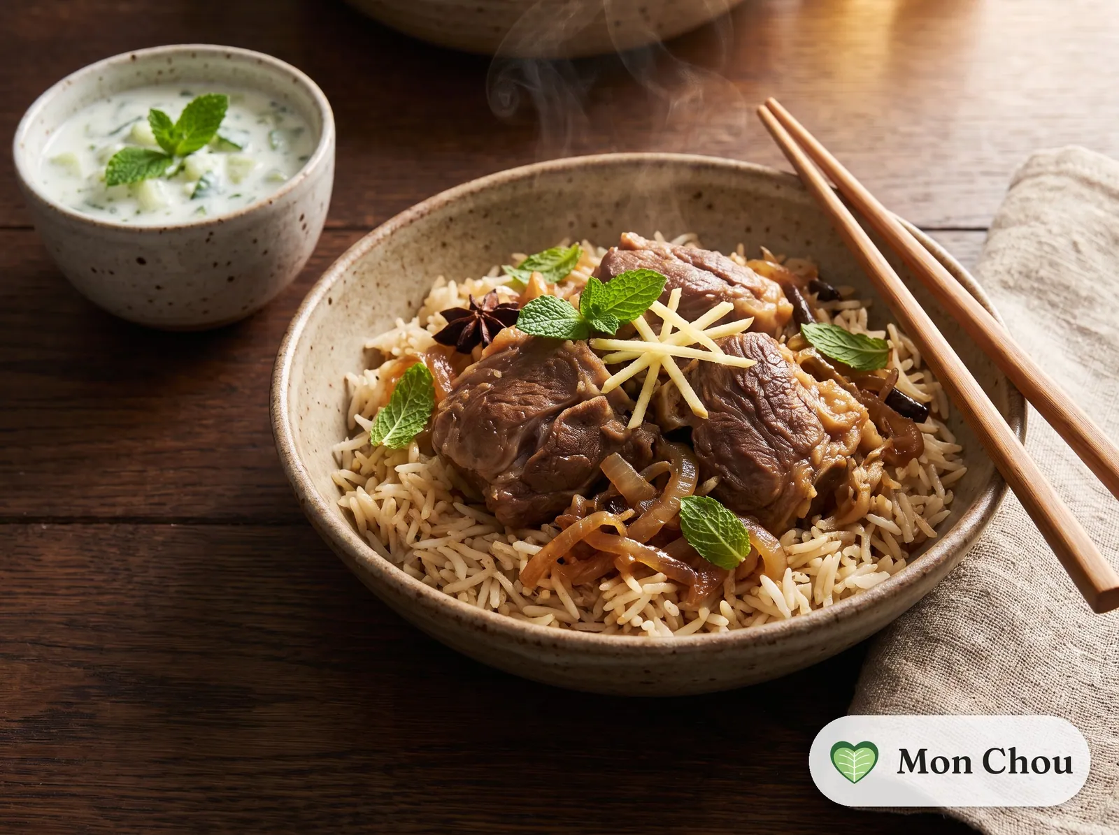 Lamm Yakhni Pulao mit Raita