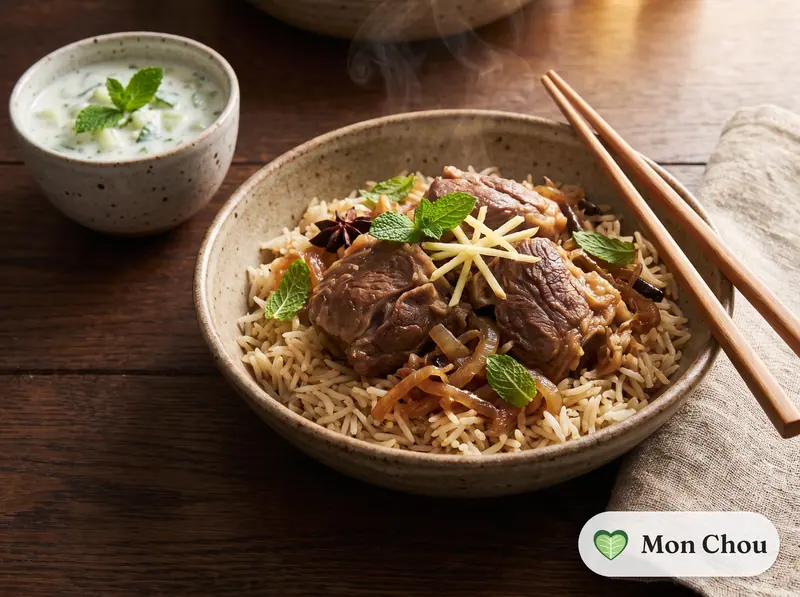 Yakhni pulao à l&rsquo;agneau et raïta