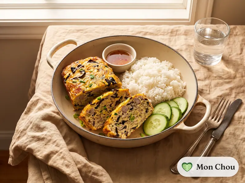 Chả trứng, Vietnamese steamed egg, with rice and cucumber