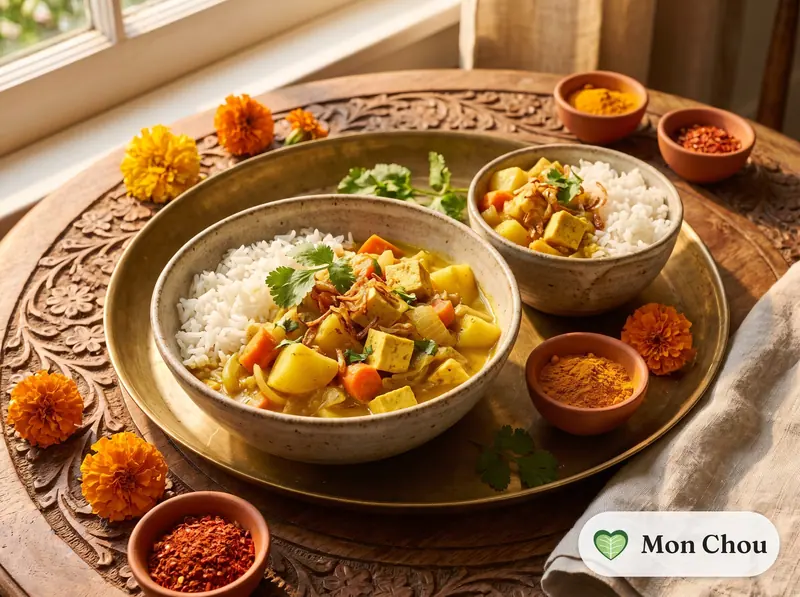 Yellow vegetable and tofu curry with rice