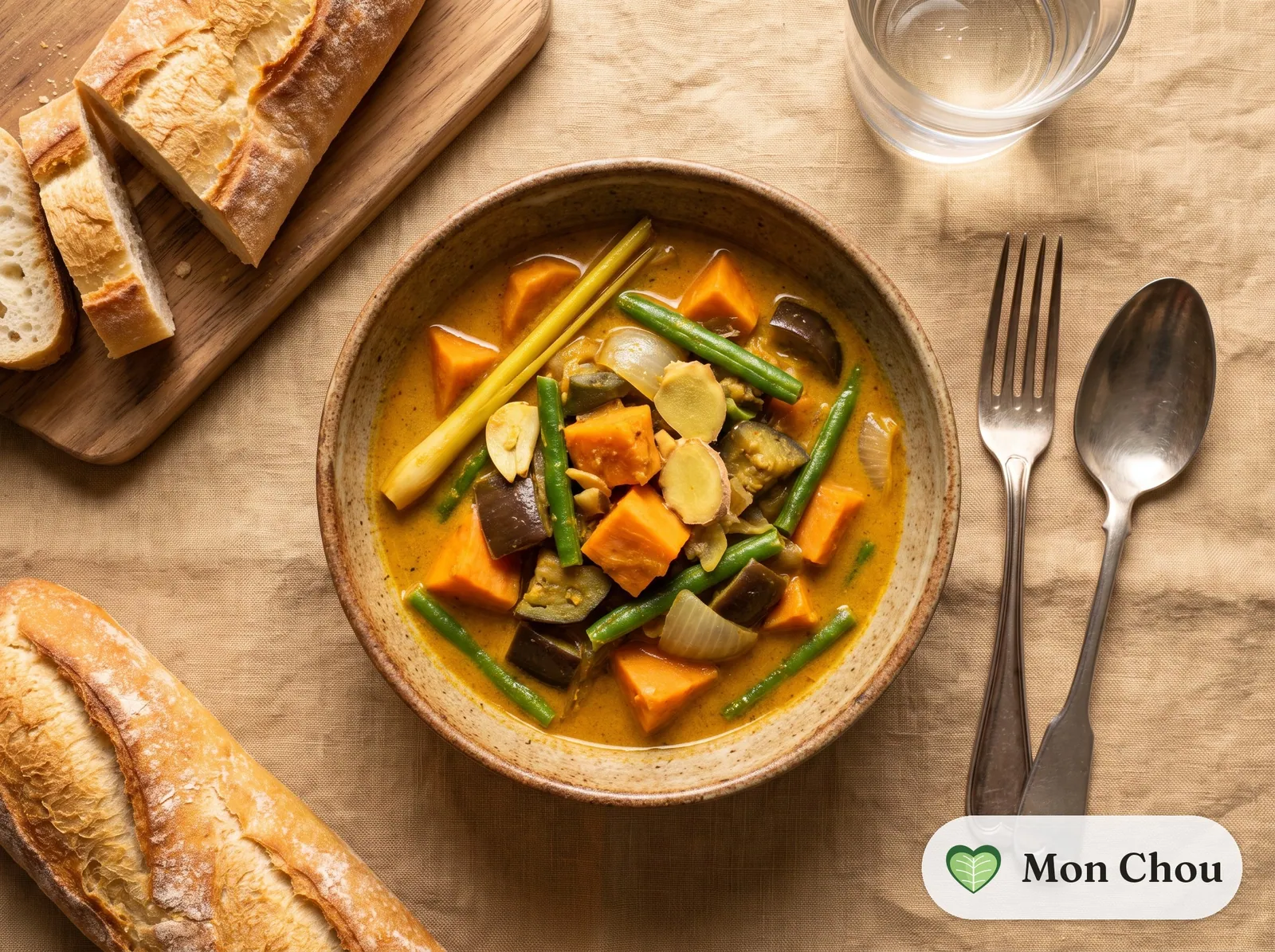 Khmer vegetable curry with baguette