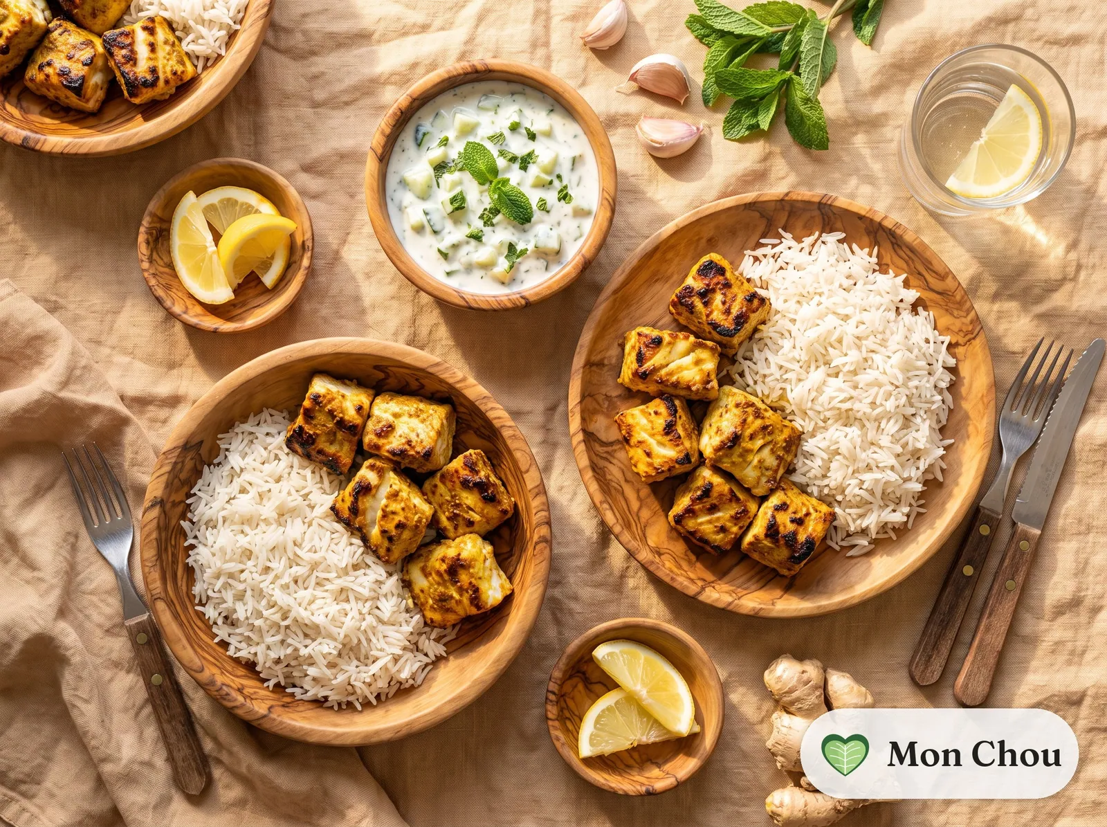 Fish tikka, riz et raïta