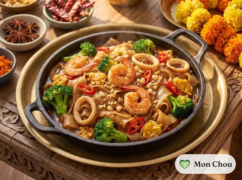Seafood hor fun with silky egg sauce