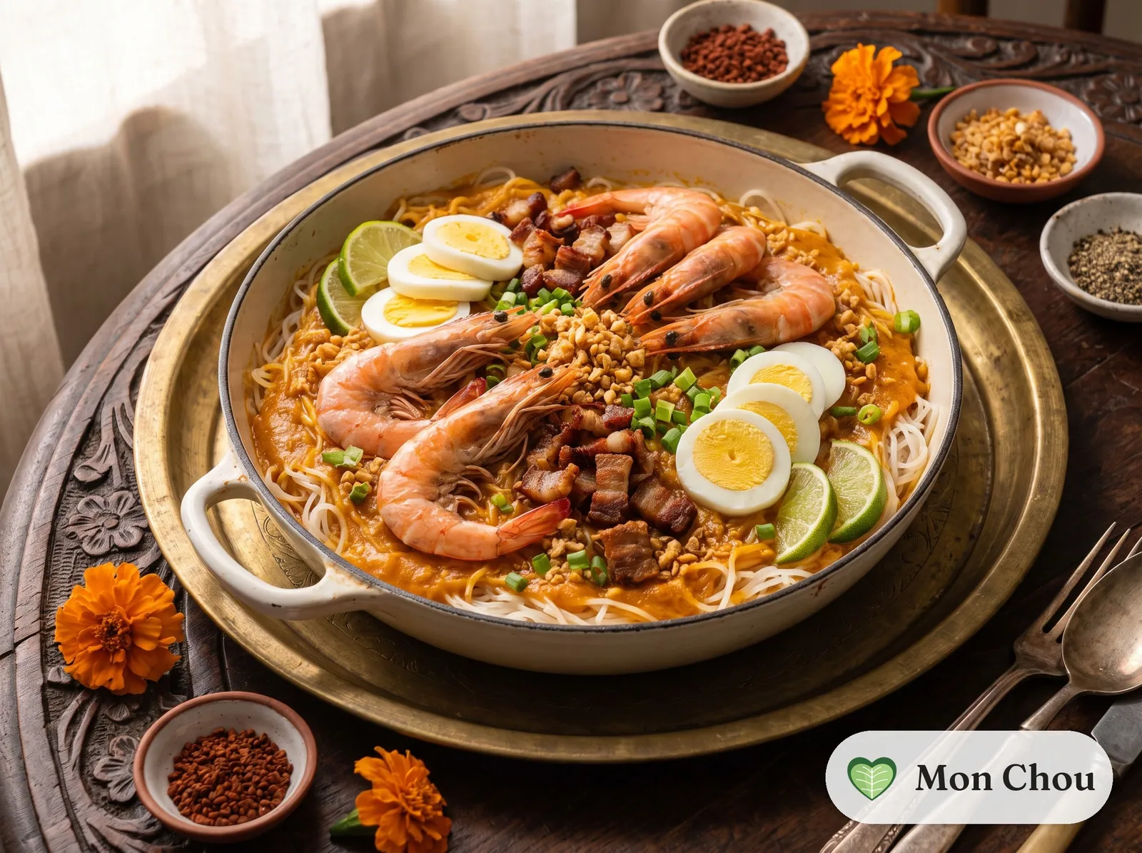 Pancit Palabok mit Garnelen und knusprigem Speck