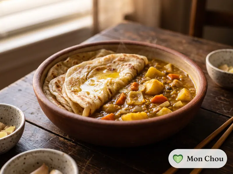 Roti canai et curry de lentilles