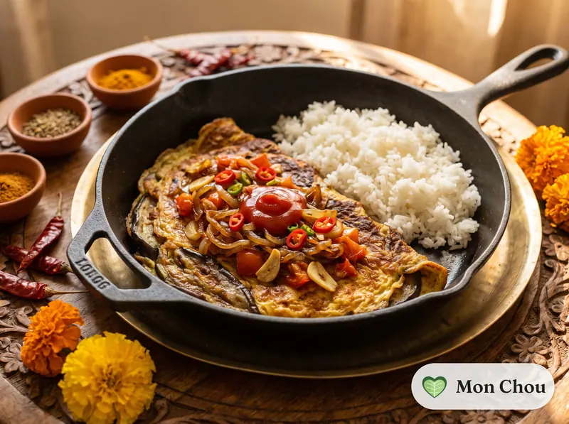 Tortang talong mit Reis und Tomatensauce