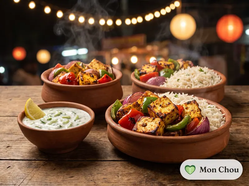 Paneer tikka, riz et raïta