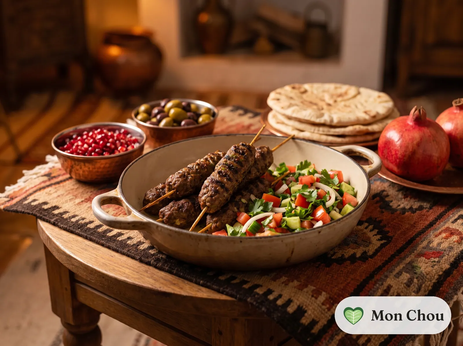 Brochettes de kefta, salade marocaine et pain