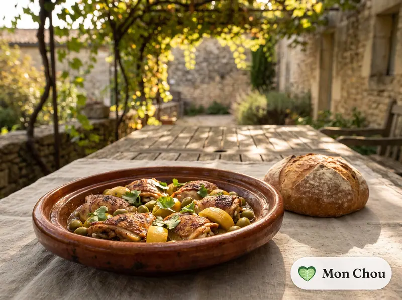 Tajine de poulet au citron confit et aux olives