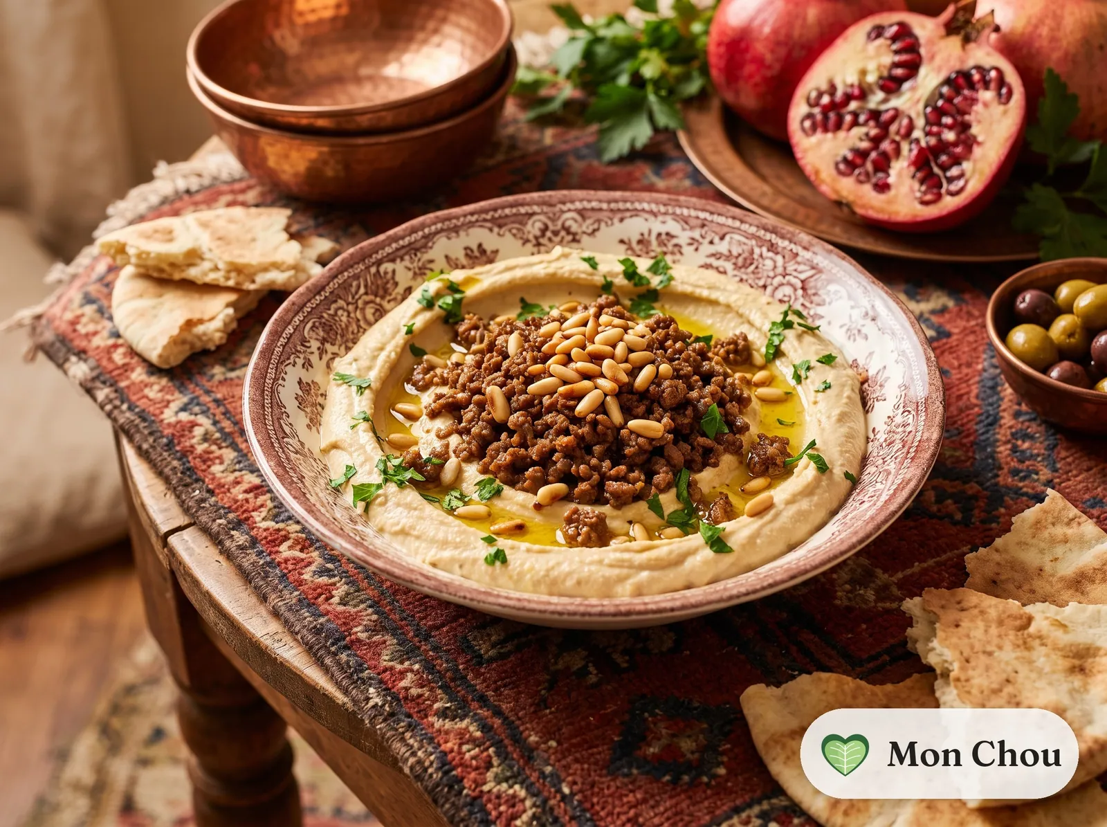 Houmous chaud à la viande hachée et pignons