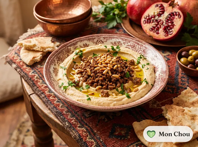 Houmous chaud à la viande hachée et pignons