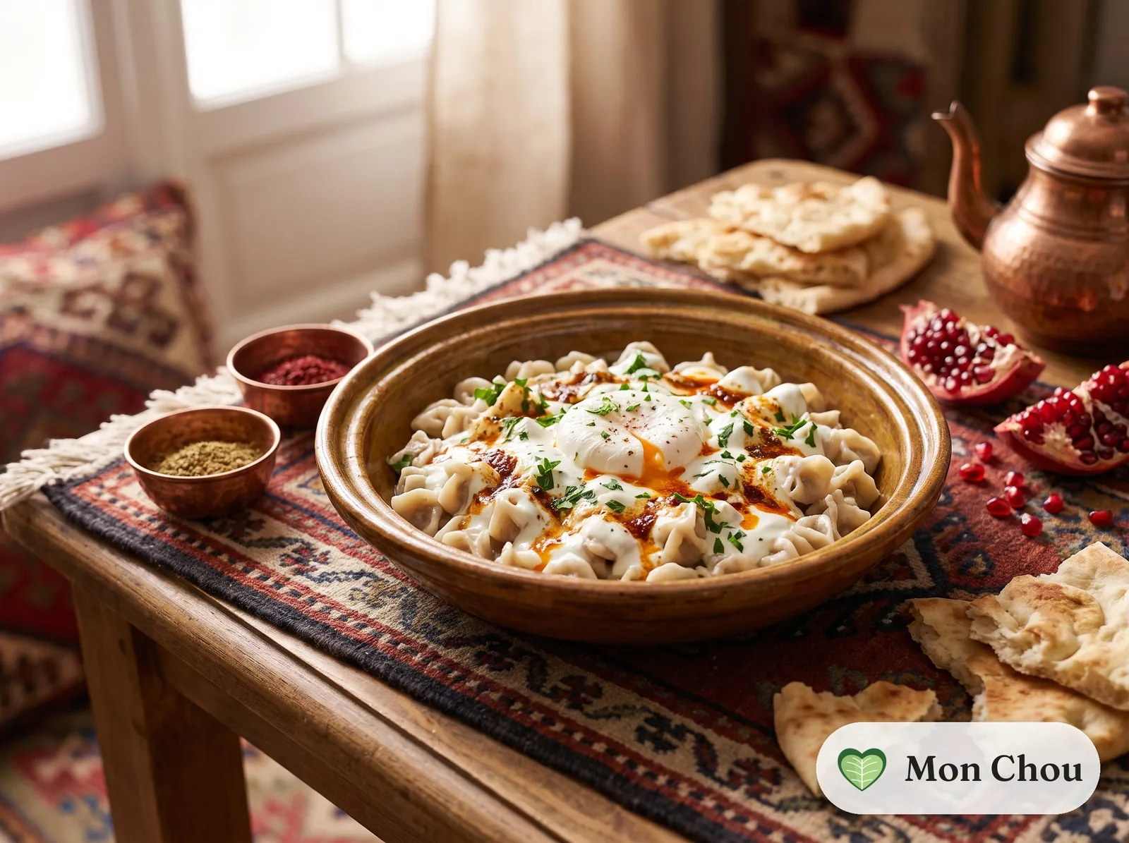 Turkish manti with garlic yogurt