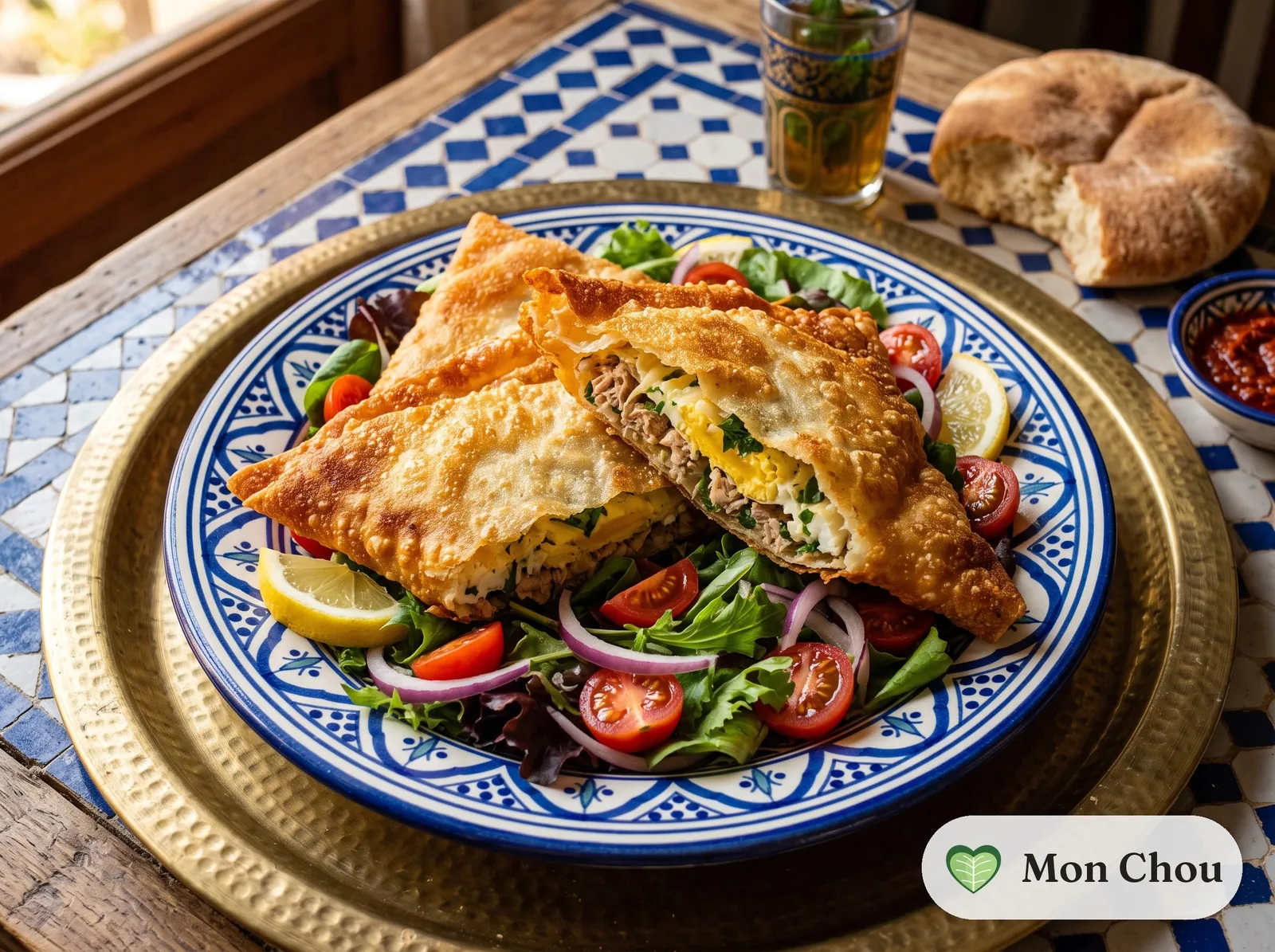 Brik mit Ei und Thunfisch, dazu Salat