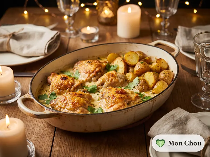 Chkmeruli et pommes de terre sautées