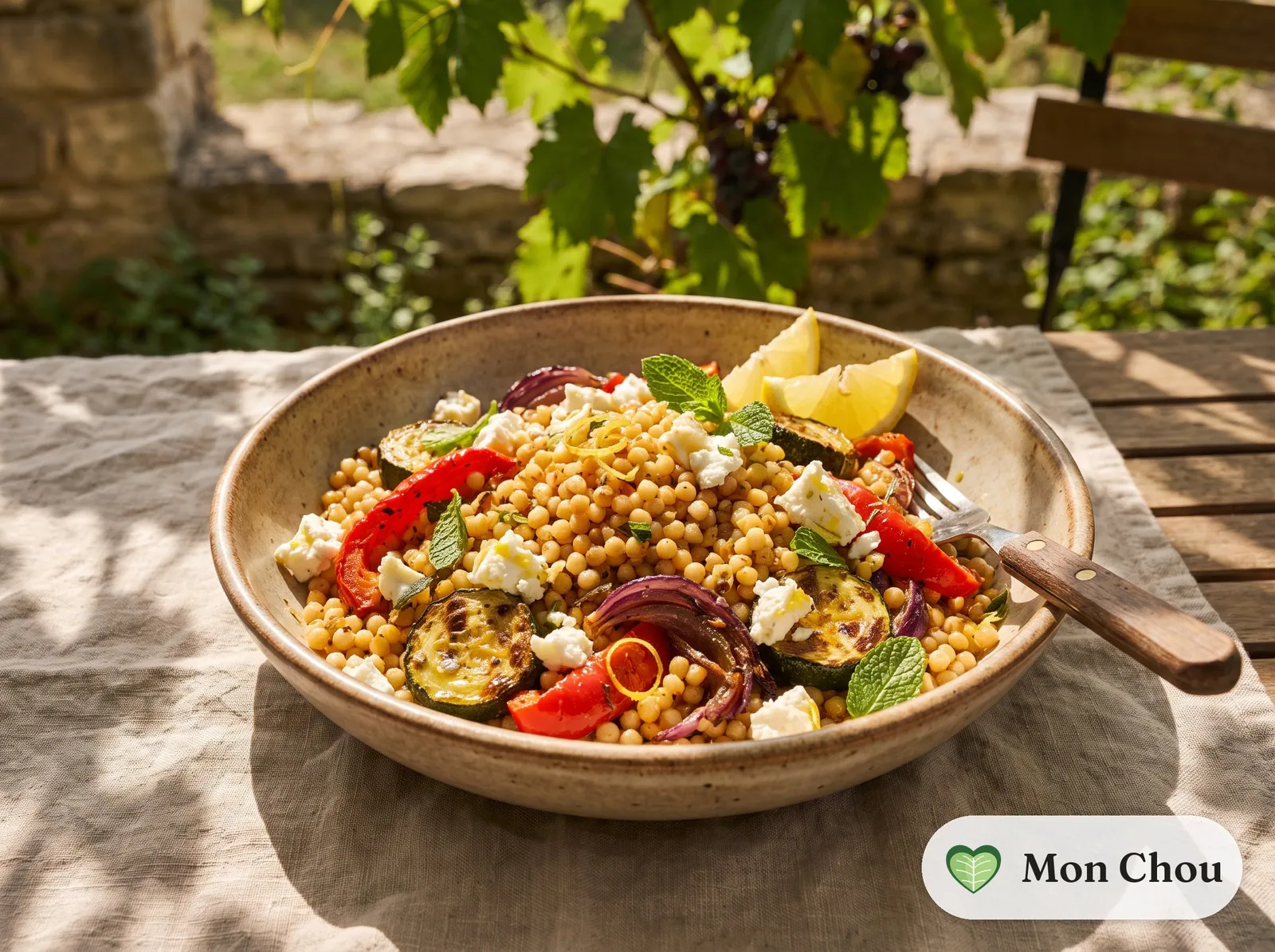 Israeli couscous with roasted vegetables and feta