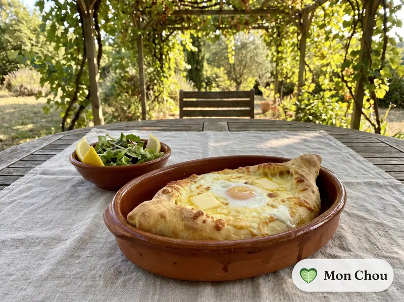 Adjarian khachapuri, cheese and egg boat bread