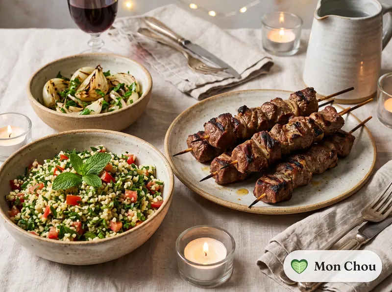Lahm mechoui, brochettes d&rsquo;agneau et taboulé