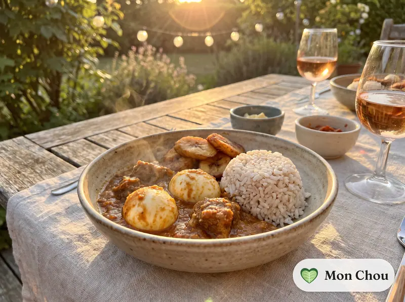 Ofada stew with beef and rice